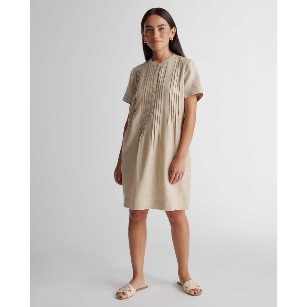 Quince 100% European Linen Short Sleeve Swing Dress Drfitwood Beige Pintuck